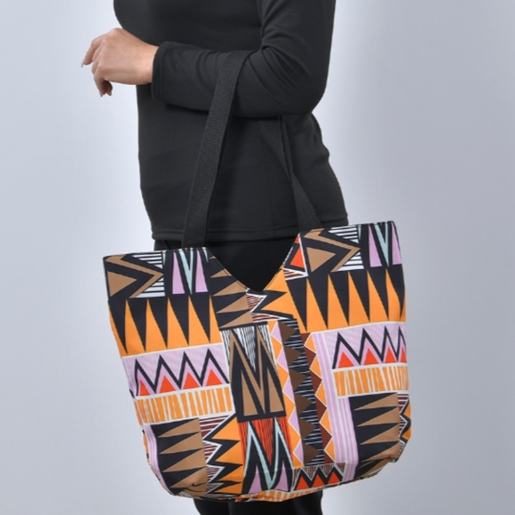 Multi Color Triangular Geometric Pattern Tote Bag with Handle Drop - Picture 4 of 7